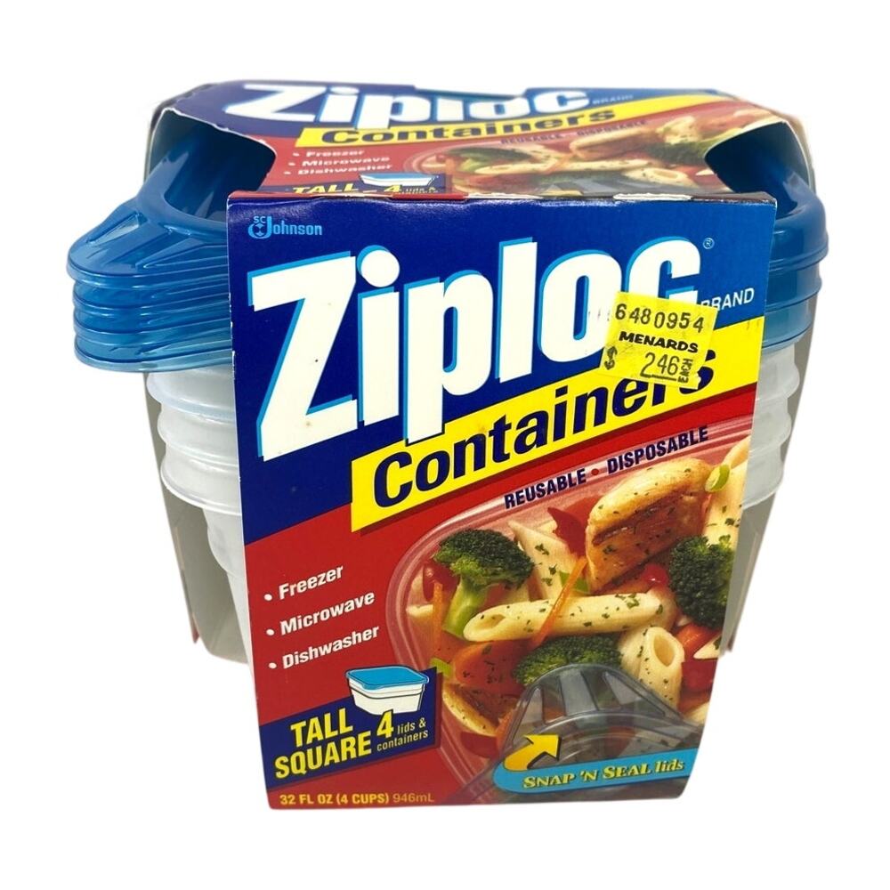 Vintage 1998 Ziploc Snap N Seal Small Square Containers 32oz Pack of 4 946ml